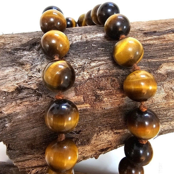 stones Jewelry - Yellow Tiger Eye Gemstone Round Necklace -15"